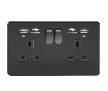 image of KnightsBridge 13A 2G Switched Socket, Dual USB (2.4A) with LED Charge Indicators - Matt Black