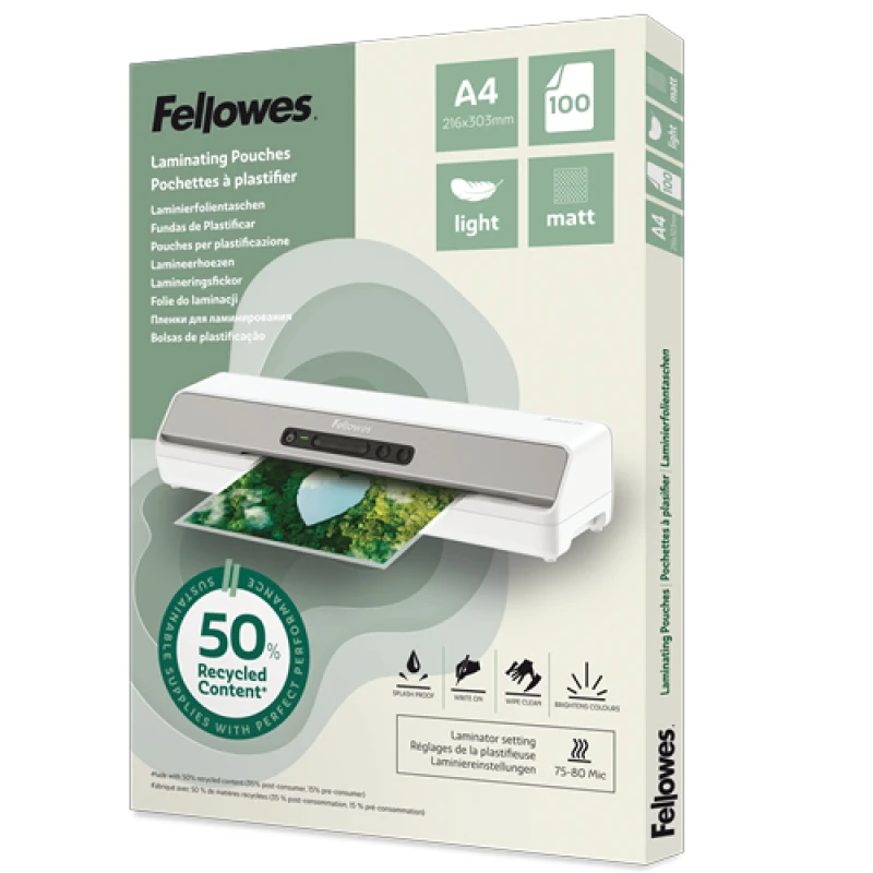 Image of Fellowes Fellowes Recycled Laminating Pouches 80 Micron A4 Matt (Pack of 100) 100143435 100143435