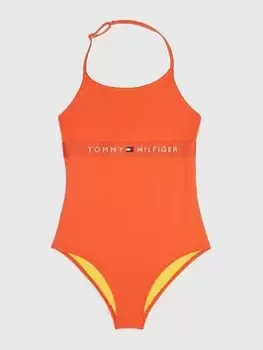 Image of Tommy Hilfiger Girls Logo Swimsuit - Orange, Size Age: 12-14 Years, Women