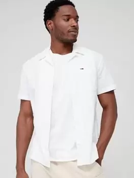 Image of Tommy Jeans Classic Linen Camp Short Sleeve Shirt, White, Size 2XL, Men