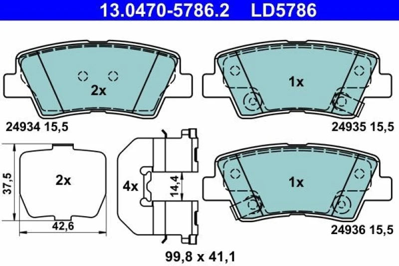 Image of ATE 13.0470-5786.2 Brake pad set with acoustic wear warning, with accessories, with anti-squeak plate Brake Pad Set,disc brake (402)