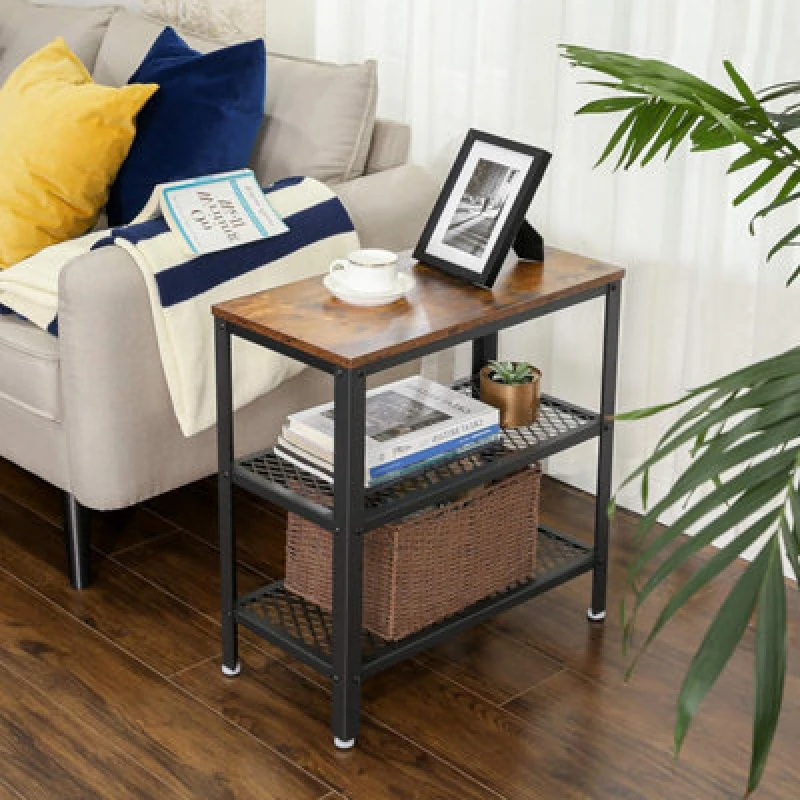 Image of Songmics Side Table, Console Table, 2 Shelves Mesh Shelves, For Hallway, Living Room, Bedroom, Office, Rustic Brown