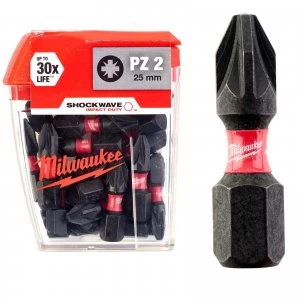 image of Milwaukee Shockwave Impact Pozi Screwdriver Bit PZ2 25mm Pack of 25