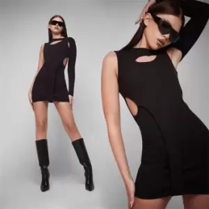 image of Missguided Rib Overlay Cut Out Asymmetric Mini Dress - Black