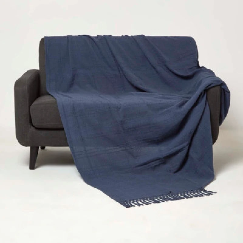 Image of Homescapes Kashi Cotton Throw with Tassels Navy