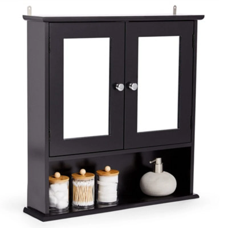 Image of Vonhaus Bathroom Mirror Cabinet, Black Bathroom Wall Cabinet, 2 Door Bathroom Cabinet, Bathroom Storage W/shelves & Chrome Handles