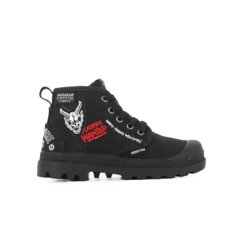 Image of Palladium Pampa Hellfire Kid X Stranger Things High Top Trainers Black Women 29 (11);30 (11.5);32 (13.5);33 (1);34 (2);35 (2.5 to 3)