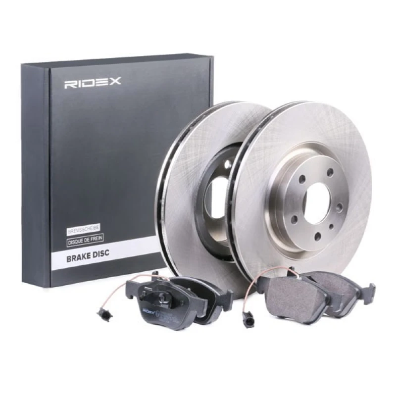 Image of RIDEX 3405B0031 Brake disc and pads set Front Axle, Brake Disc Type: Vented, with integrated wear sensor Brake Set,disc brakes (3405)