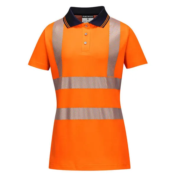 Image of Portwest Hi Vis Womens Cotton Comfort Pro Polo Short Sleeve Shirt LW72OBRL Colour: Orange / Black