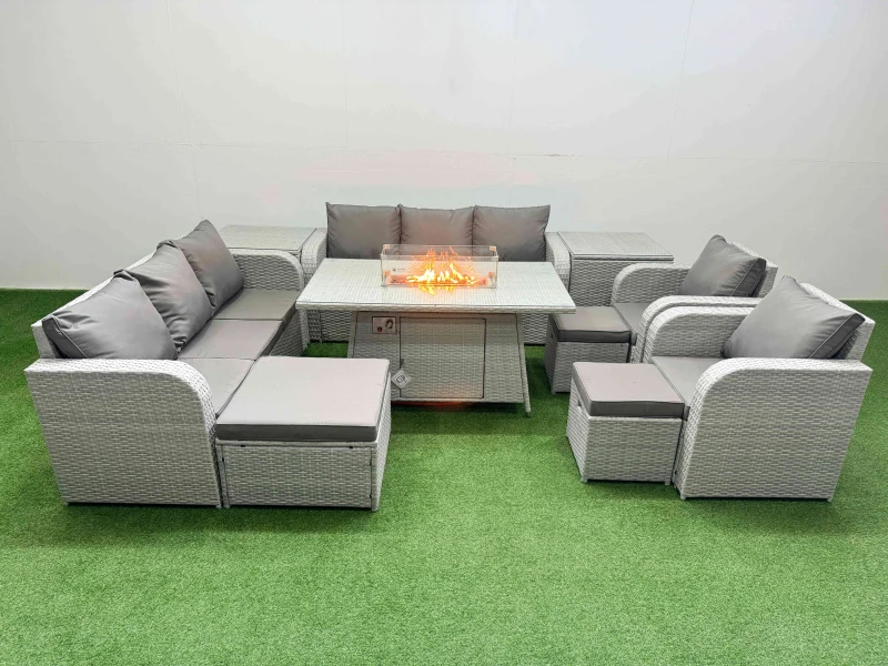 Image of Fimous PE Rattan High Back Lounge Sofa Set Patio Firepit Dining Table & Chairs Set with 3 Seater Sofa Reclining Chair 3 Stools 2 Side Table Light Grey