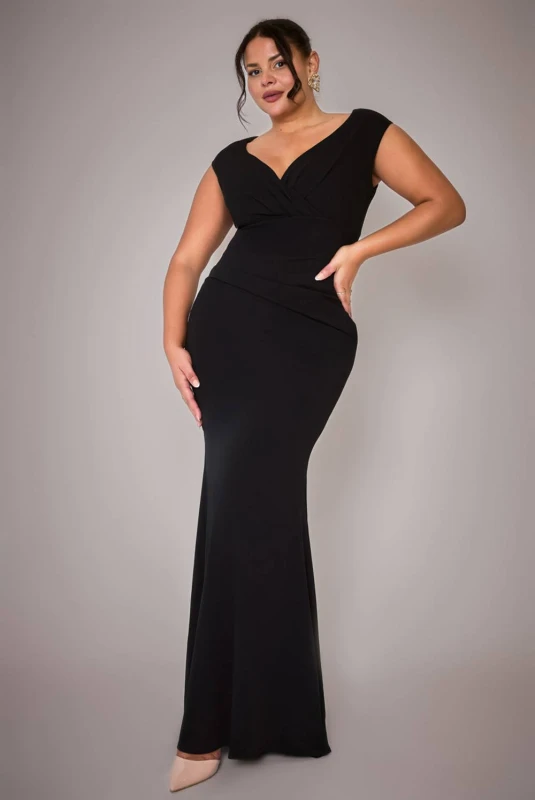 Image of Goddiva Womens Bardot Pleated Maxi Dress in Black Size: 22 Black Female 22