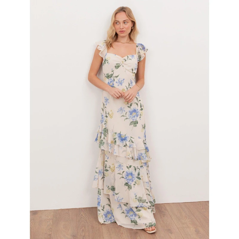 Image of Anaya with Love Womens Flutter Sleeve Asymmetric Ruffle Maxi Dress in Off-White Size: 14 Off-White Female 14