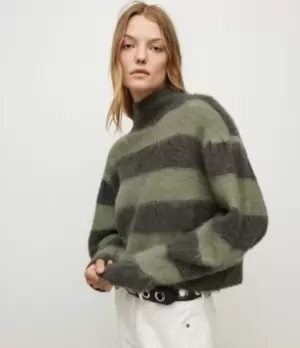 Image of AllSaints Womens Vika Stripe Jumper, Khaki/nori Green, Size: XS