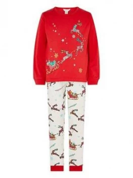 image of Monsoon Girls Christmas Sleigh Jersey Pyjamas - Red, Size 7-8 Years, Women