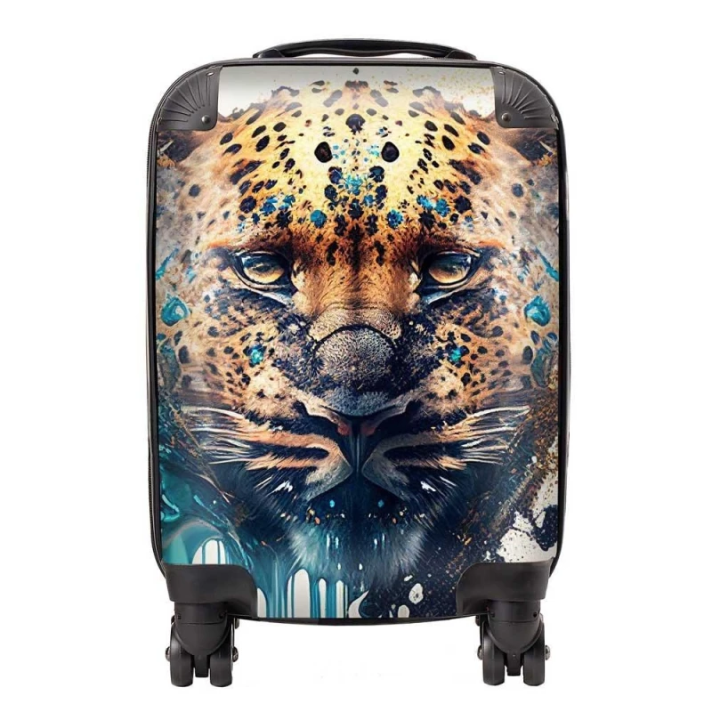 Image of Warren Reed - Designer Leapoard Face Splashart On Light Background Suitcase in Yellow Size: Small Yellow Unisex Small