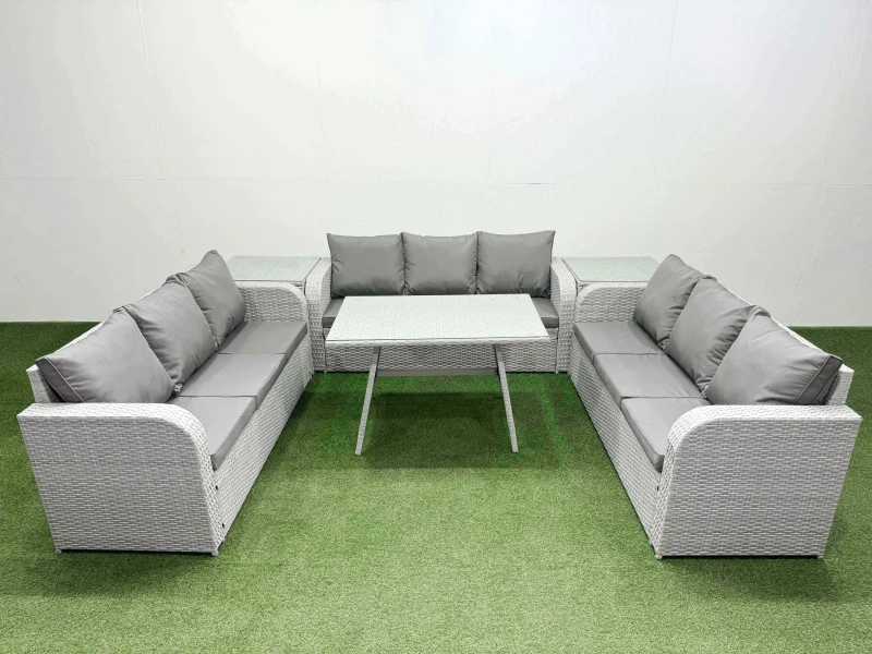 Image of Fimous 9 Seat Outdoor Rattan Garden Furniture with 2 Side Tables Light Grey Light Grey Unisex