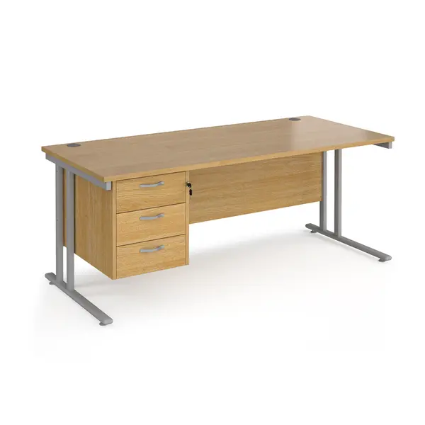 image of Maestro 25 Oak Straight Office Desk with 3 Drawer Pedestal and Silver Cantilever Leg Frame - 1800mm x 800mm