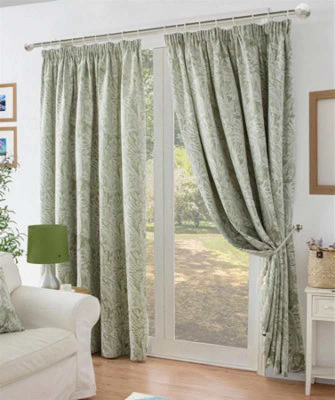 Image of Luxury Living Chenille Jacquard Lined Pencil Pleat Curtains Green