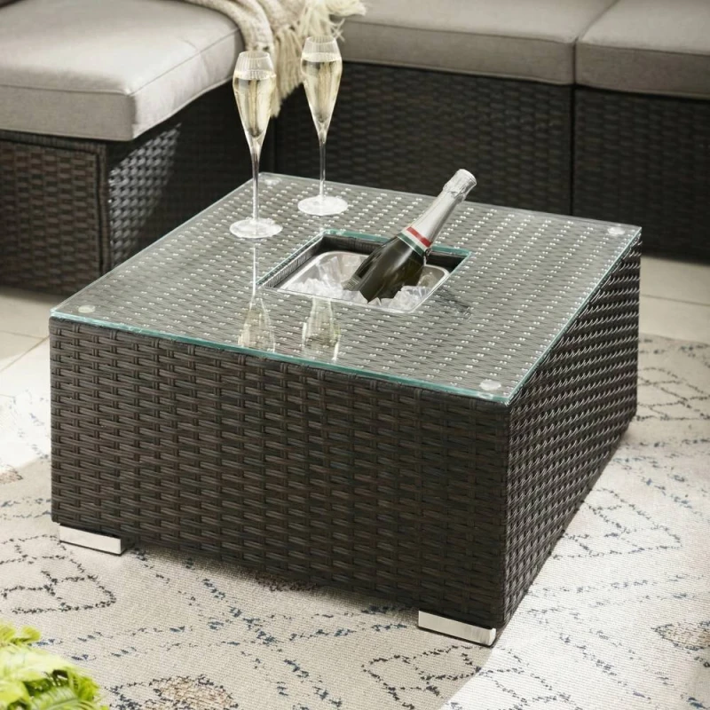 Image of FurnitureboxUK Orlando Rattan Garden Coffee Table with Central Ice Bucket in Brown Brown Unisex