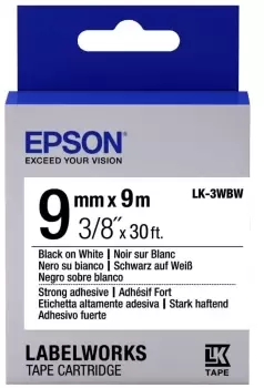 image of Epson LK-3WBW (9m) 9mm Label Cartridge Strong Adhesive (Black/White)