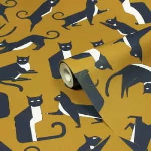 Image of Geo Cat Wallpaper Mustard