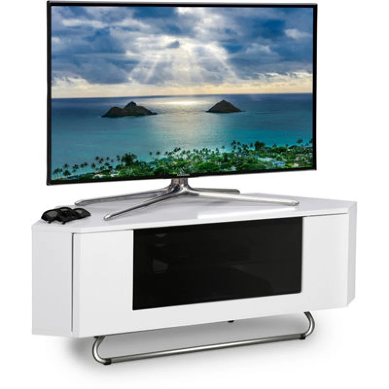 Image of CENTURION SUPPORTS Centurion Supports - Hampshire Corner-Friendly Gloss White with Black Contrast Beam-Thru Remote Friendly Door 26'-50' Flat Screen t