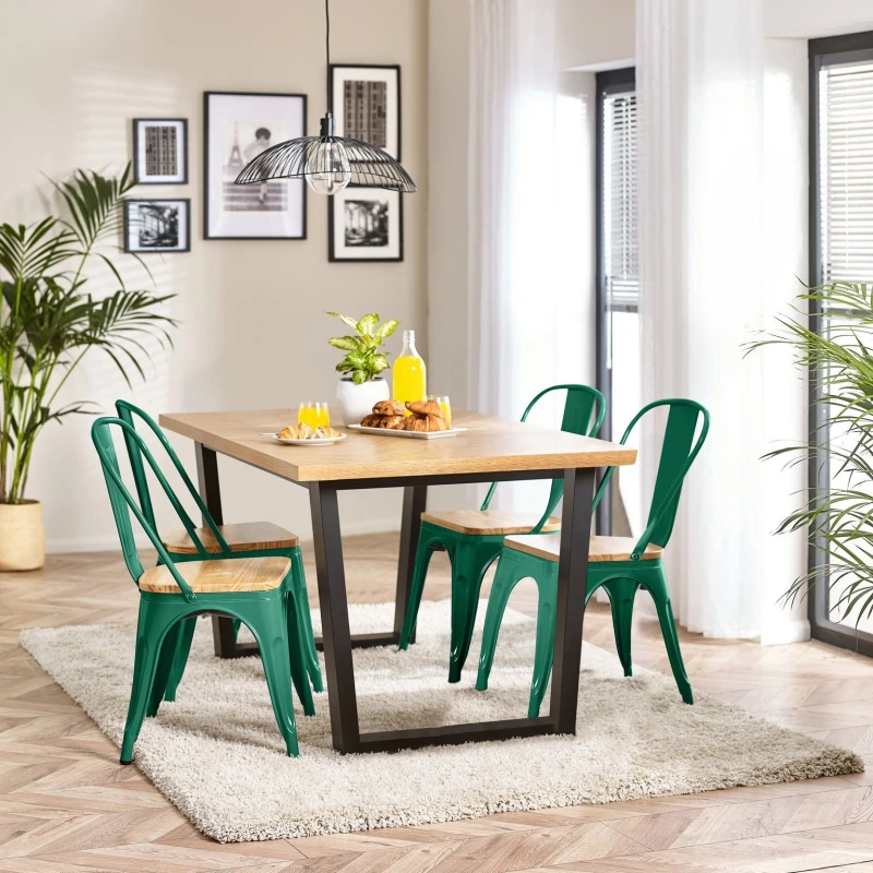 Image of FurnitureboxUK FurnitureboxUK 4 Seater Wood Dining Table - Cotswold 'Oak' Herringbone Dining Table & 4 White Colton Wooden Seat Metal Chairs in Green