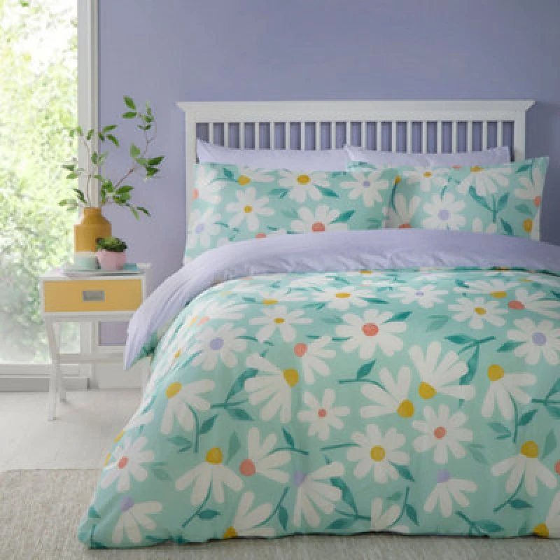 Image of Fusion Daisy Floral Reversible Duvet Cover Bedding Set Duck Egg