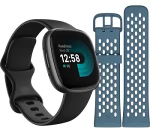 image of FITBIT Versa 4 Smartwatch Sports Pack with Additional Blue Sports Band - Black & Graphite, Black,Blue