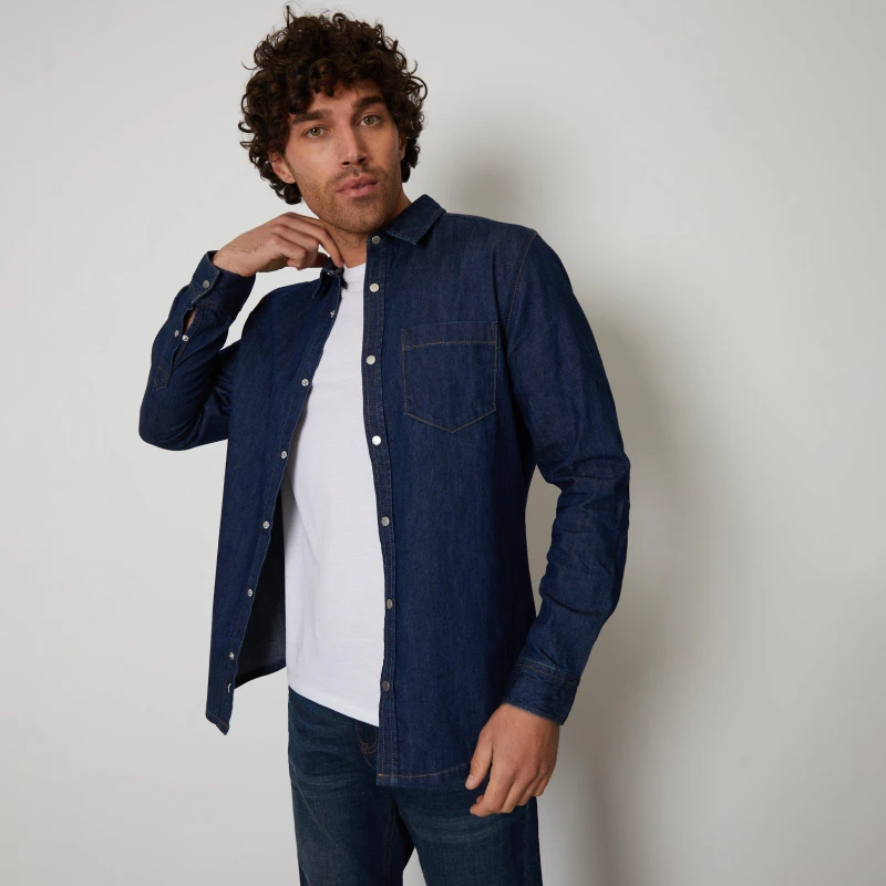 Image of Threadbare 'Riper' Denim Long Sleeve Cotton Shirt Dark Blue