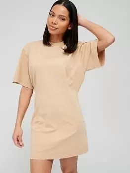 Image of Calvin Klein Jeans Logo T-Shirt Dress - Beige, Beige Size M Women