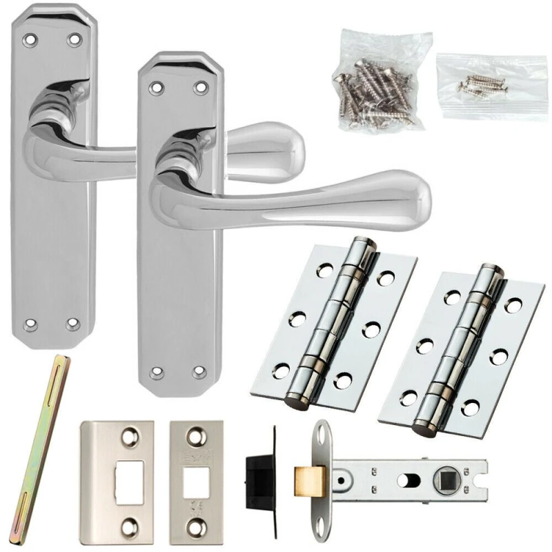 Image of Loops Door Handle & Latch Pack Chrome Heavy Duty Prism Lever Backplate 180 x 40mm Multi