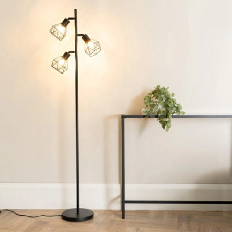 Image of ValueLights Angus Metal Geometric Basket Shade Floor Lamp Black