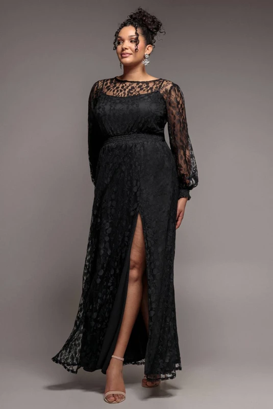 Image of Goddiva Womens Lace Long Sleeve Shirred Waist Maxi Dress in Black Size: 18 Black Female 18