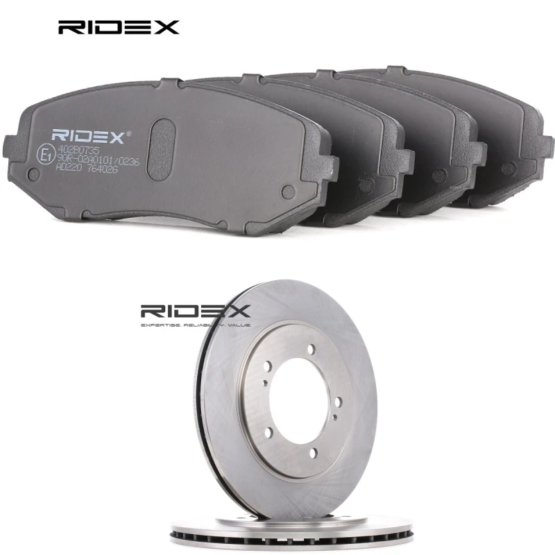 Image of RIDEX 3405B3057 Brake disc and pads set Front Axle, Brake Disc Type: internally vented, with acoustic wear warning Brake Set,disc brakes (3405)