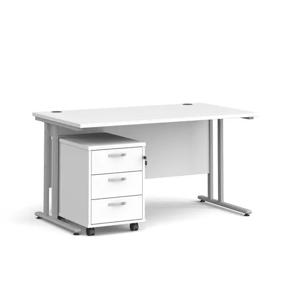 image of Maestro 25 Straight Desk Silver Frame White Table Top and 3 Drawer Pedestal - 1400mm