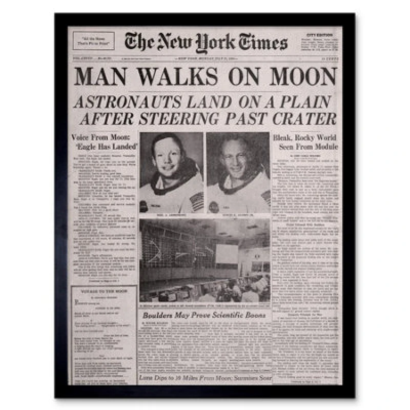 Image of Artery8 Vintage Space Newspaper Moon Aldrin Armstrong 12x16" Framed Art Print in Grey Size: W12" x H16" Grey Unisex W12" x H16"