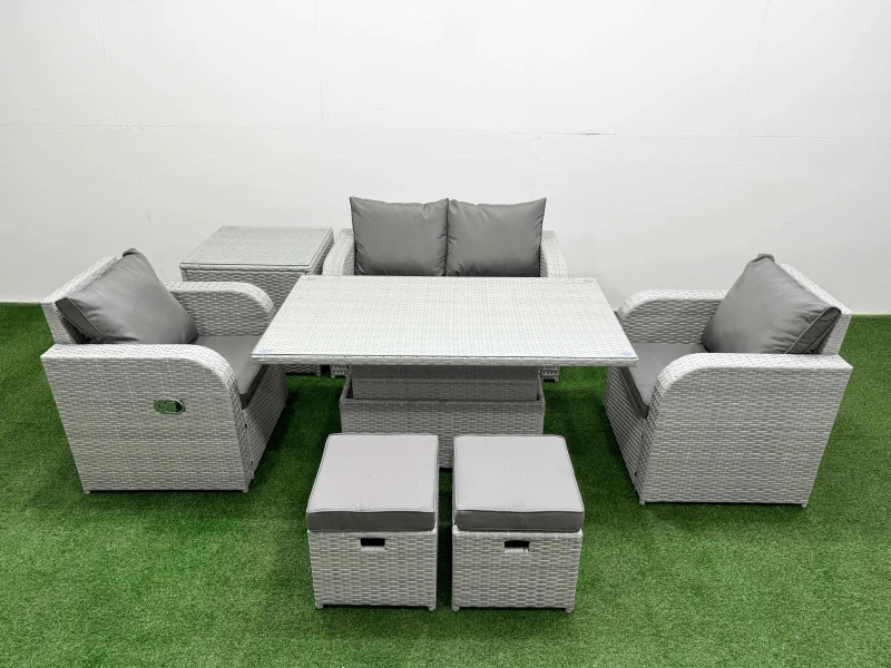Image of Fimous Light Grey PE Wicker Rattan Garden Furniture Set Sofa Set Reclining Chair Adjustable Lifting Dining or Coffee Table 6 Seater 2 Small Stools Sid