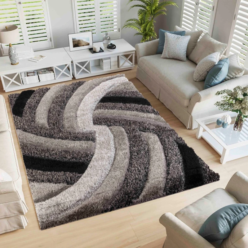 Image of Modern Soft Swirl Shimmer Shaggy Area Rugs Grey 120X170 Cm