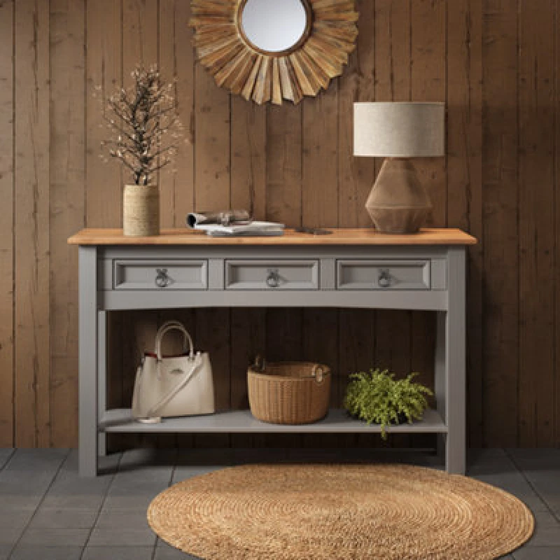 Image of MERCERS FURNITURE Corona Grey Wax 3 Drawer Console Table 5060335867896