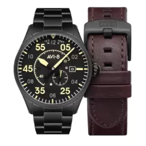 image of AVI-8 Spitfire Type 300 Automatic Midnight Chrome with Additional Leather Strap Mens Watch AV-4073-33