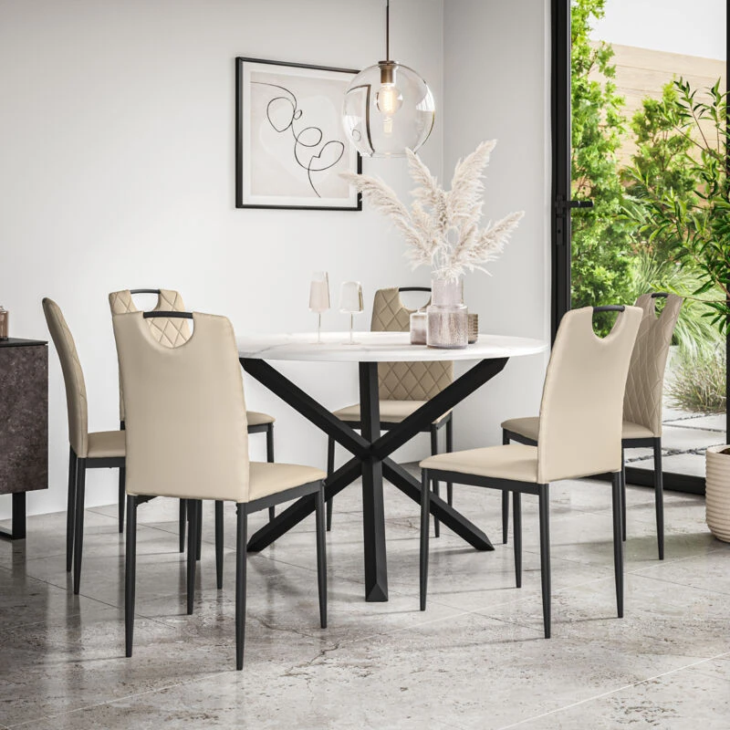 Image of More4Homes Malvern Round Dining Table & Chairs - Marble Table Top w Solid Oak Black Legs + Monza Faux Leather Dining Chair Set Of 6 in Beige Beige Uni