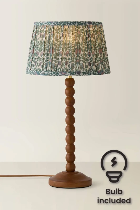 Image of ValueLights Bobbin Floral Printed Pleated Shade Walnut Bobble Table Lamp with Bulb in Dark Green Dark Green Unisex