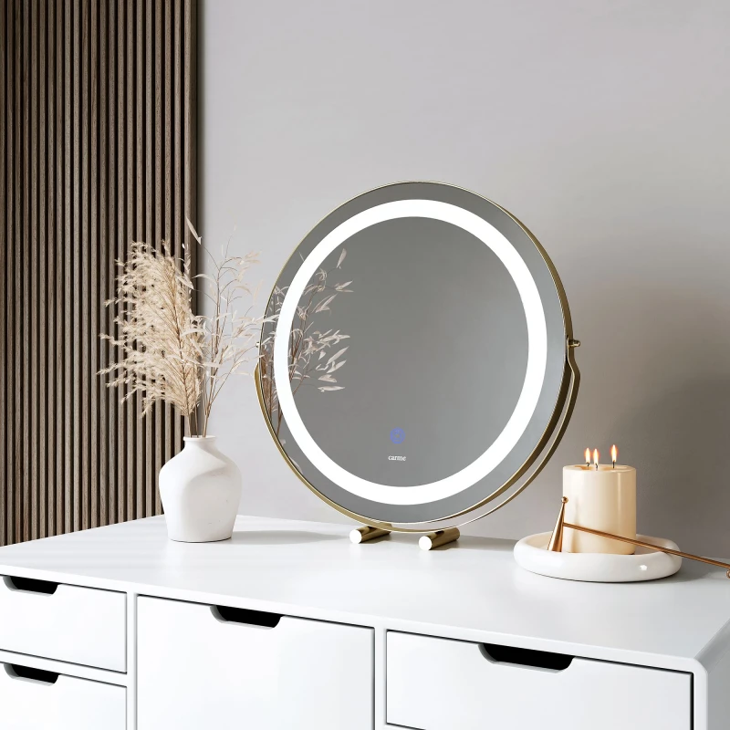 Image of CARME HOME ZaraGold Touch Sensor LED Light Mirror in Gold Gold Unisex