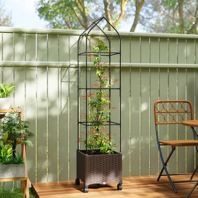Image of OUTSUNNY Raised Garden Bed Tomato Cage with Trellis, Drainage Holes, Brown Brown Unisex