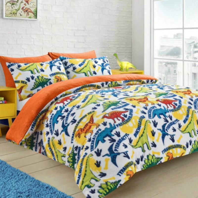 Image of Velosso Vibrant Dinosaur Print Duvet Cover & Pillowcase Set, Children's Colourful Bedding, Bedroom Decor, Button Enclosure - Multicolour