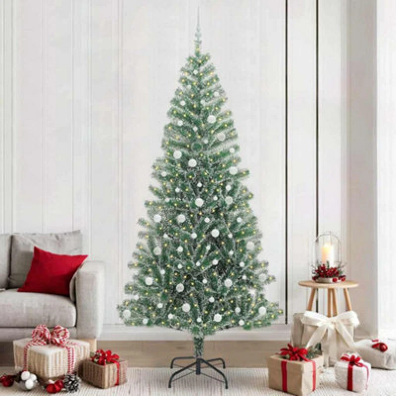 Image of vidaXL Artificial Christmas Tree Snow Flocked with LED Light, White Balls 240 cm, Green 3396836