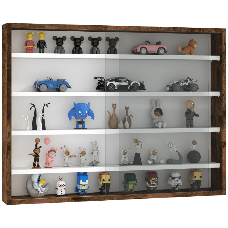 Image of HOMCOM 5-Tier Wall Display Shelf Unit Cabinet w/ Shelves Glass Doors brown, Brown 833-761V00RB