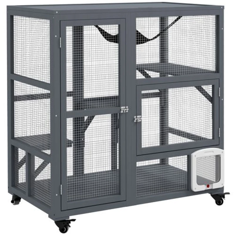 Image of PawHut Outdoor Catio Cat House on Wheels with Platforms, Hammock D32-025V00LG