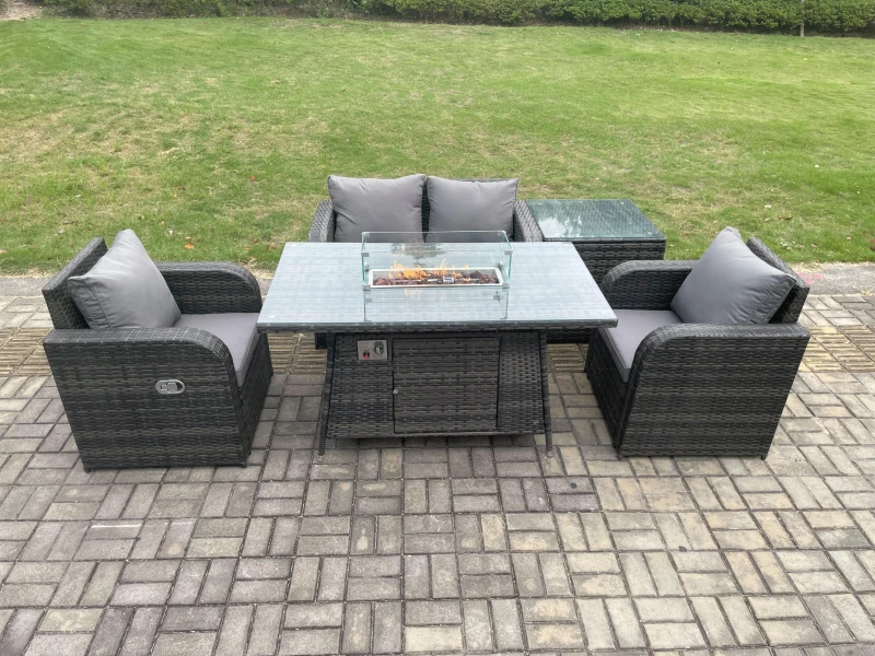 Image of Fimous Rattan Outdoor Garden Furniture Set Gas Fire Pit Dining Table with Side Table Chair Love seat Sofa Dark Grey